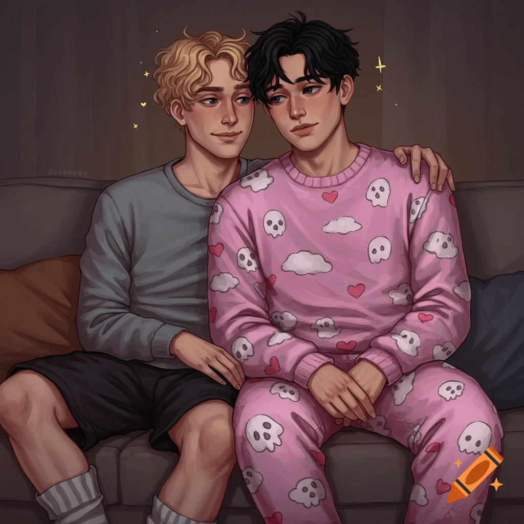 Two young men, one in grey shirt and shorts, the other in pink pajamas, sitting close on a couch.