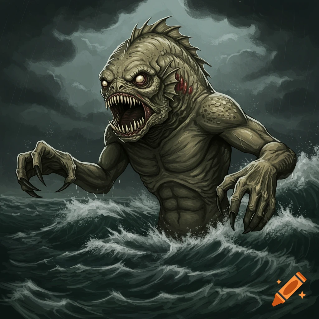 A monstrous fish creature with sharp teeth and claws is emerging from stormy seas.