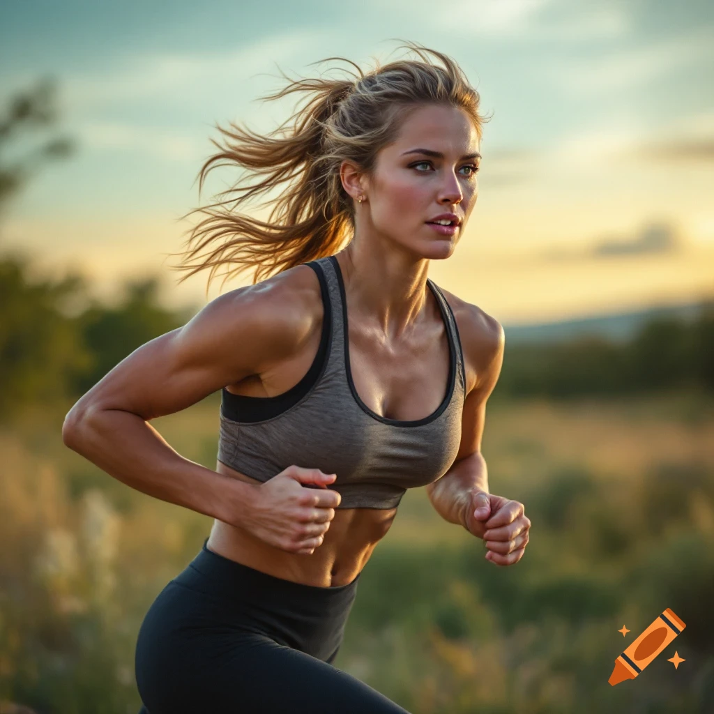 Muscular woman running outdoors at sunset.