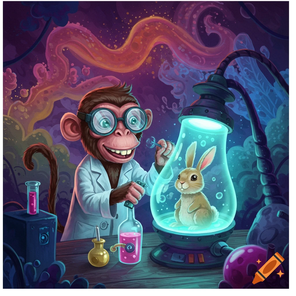 Cartoon monkey scientist experiments with a rabbit in a lab.