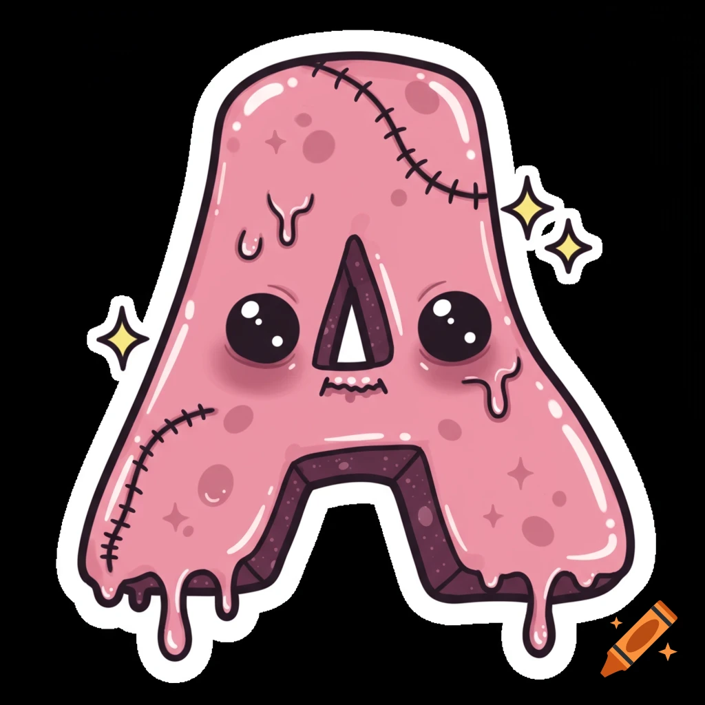 A cartoon sticker of a creepy kawaii letter A with drips and stitches.