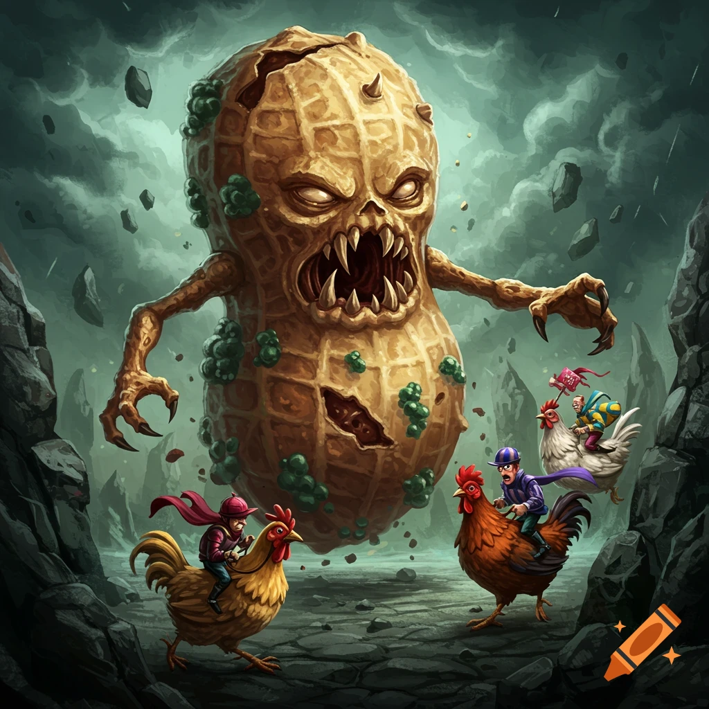 A giant evil peanut monster attacks two people riding chickens in a rocky, stormy landscape.