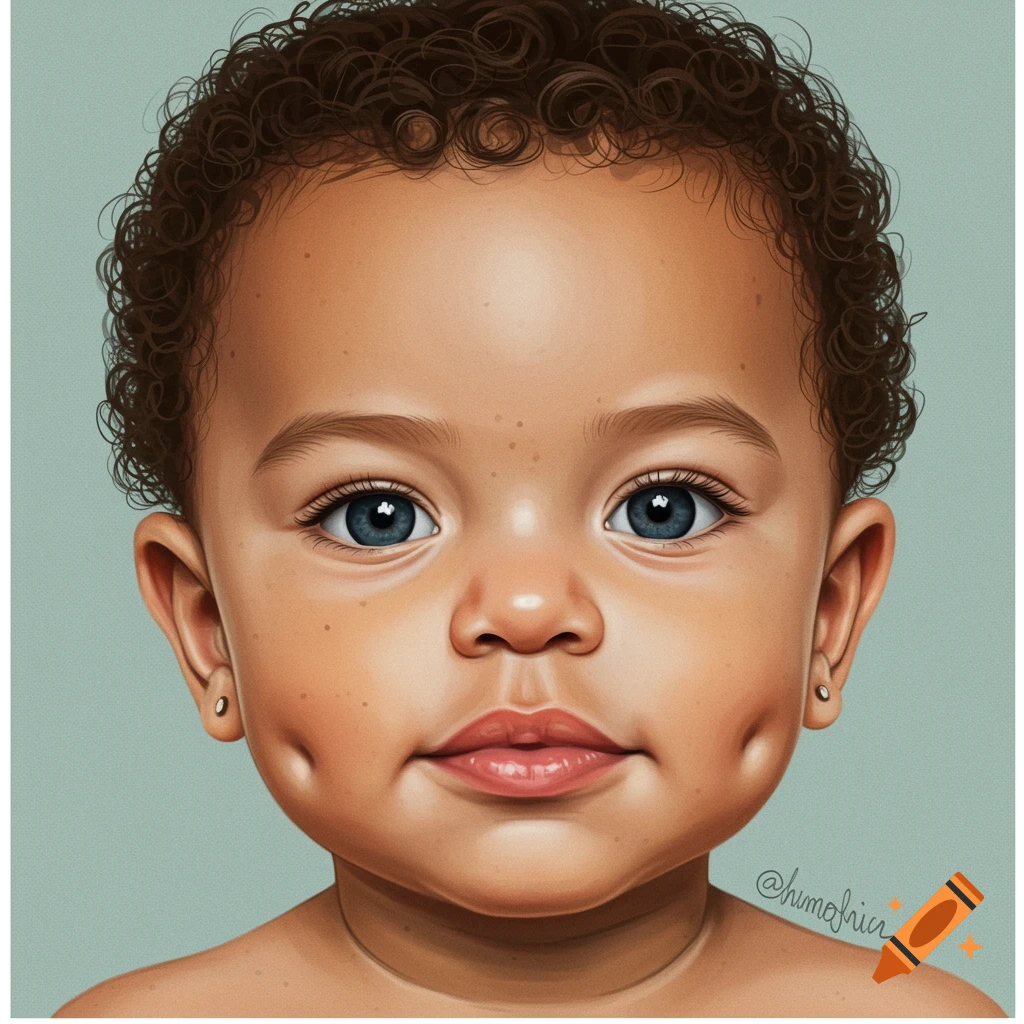 A baby with curly brown hair, blue eyes, and dimples.