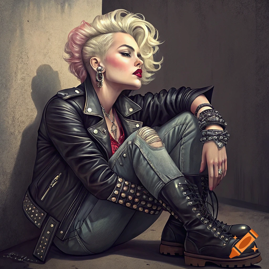 A woman with a punk rock look, wearing a leather jacket, ripped jeans, and heavy boots, sitting.