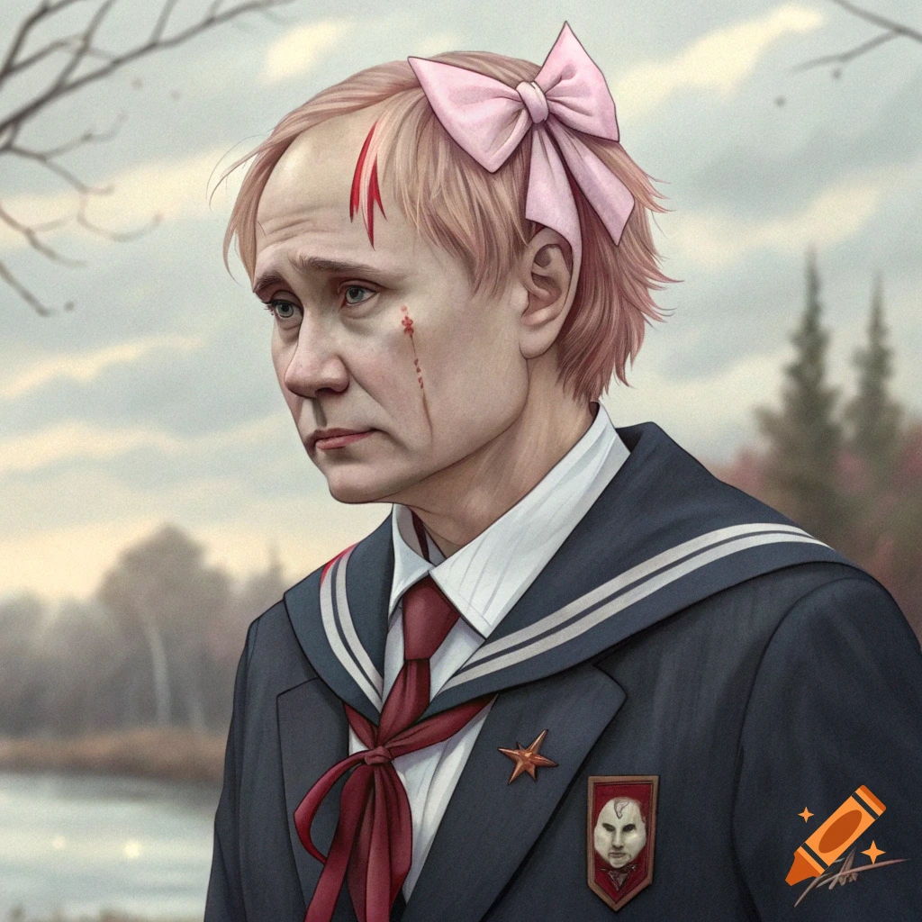 Stylized portrait of a male figure in a sailor uniform, with injuries and a pink bow, outdoors.