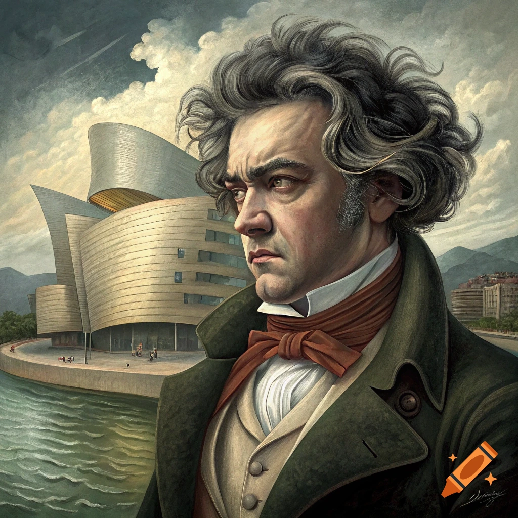 Painterly portrait of Beethoven with the Guggenheim Museum in Bilbao in the background.