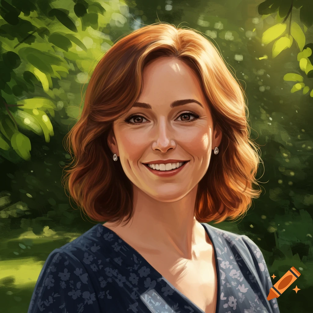 A portrait of a smiling woman with reddish-brown hair outdoors among green foliage.