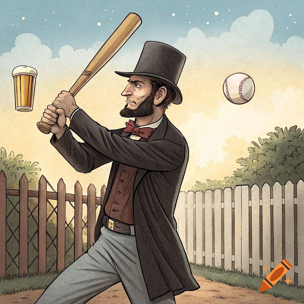 Illustration of Abraham Lincoln batting a baseball with a glass of beer floating nearby.