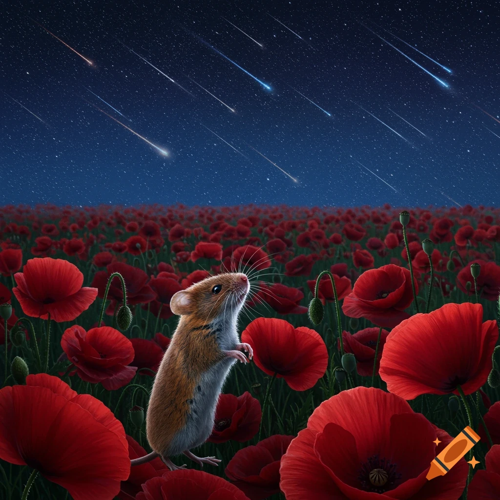 A small mouse stands in a field of red poppies, looking up at a dark sky filled with shooting stars.