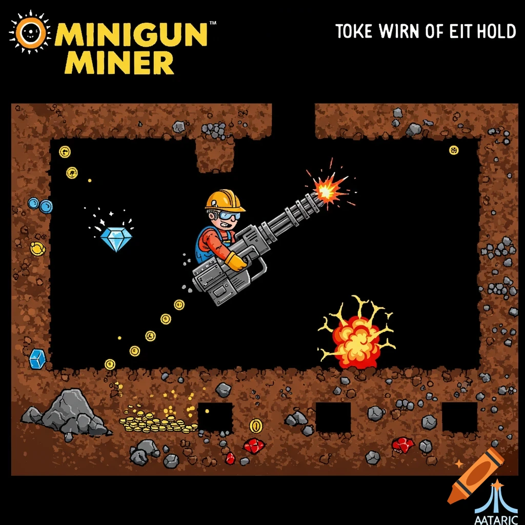 Cartoon miner with minigun digs through cave collecting gems and coins, explosion nearby, retro game style.