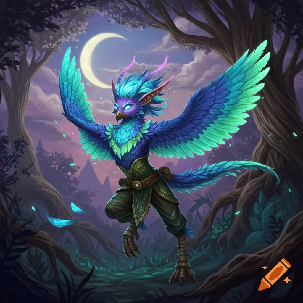 A colorful fantasy moonkin creature in a forest under a crescent moon.