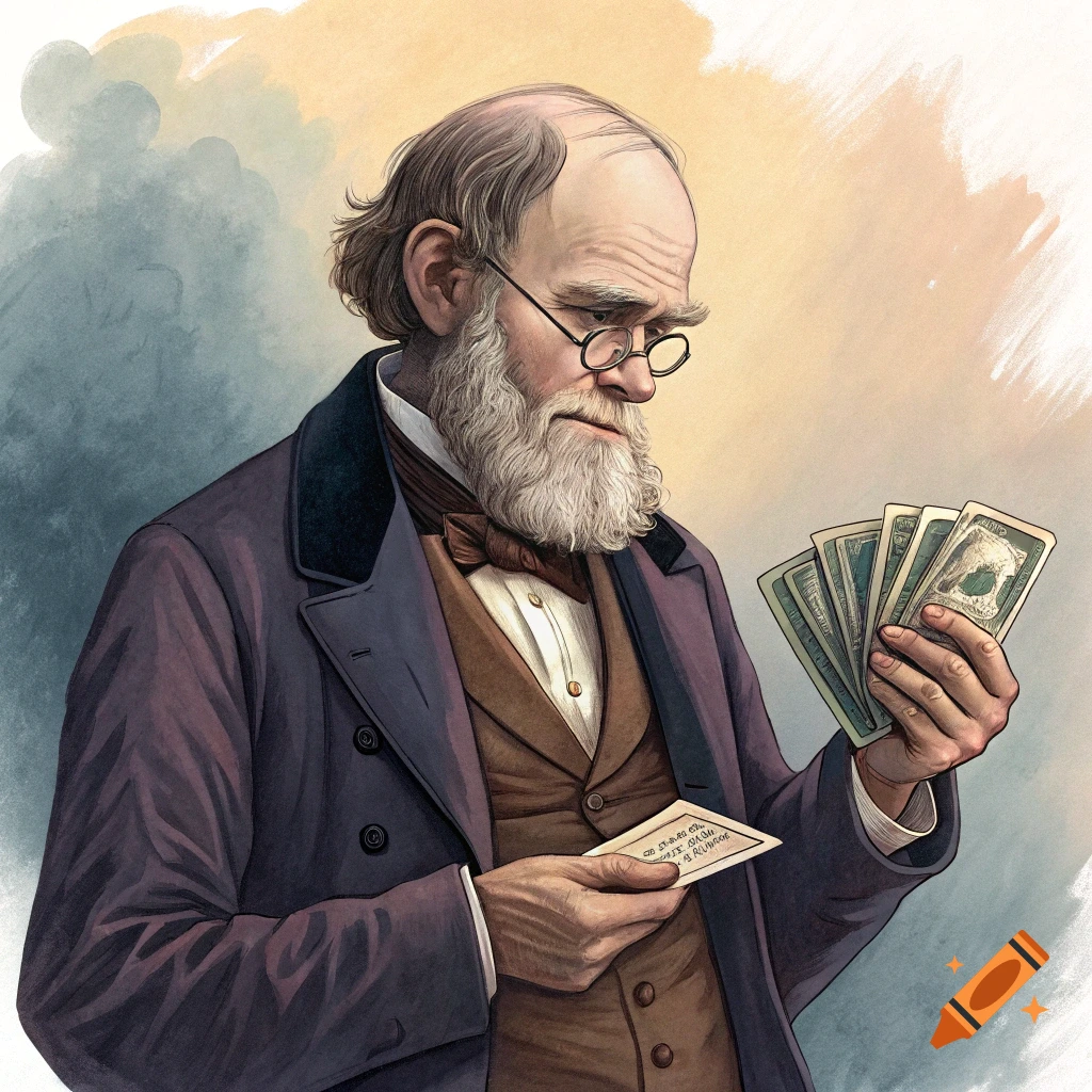 Watercolor painting of a man resembling Charles Darwin examining a hand of illustrated cards.