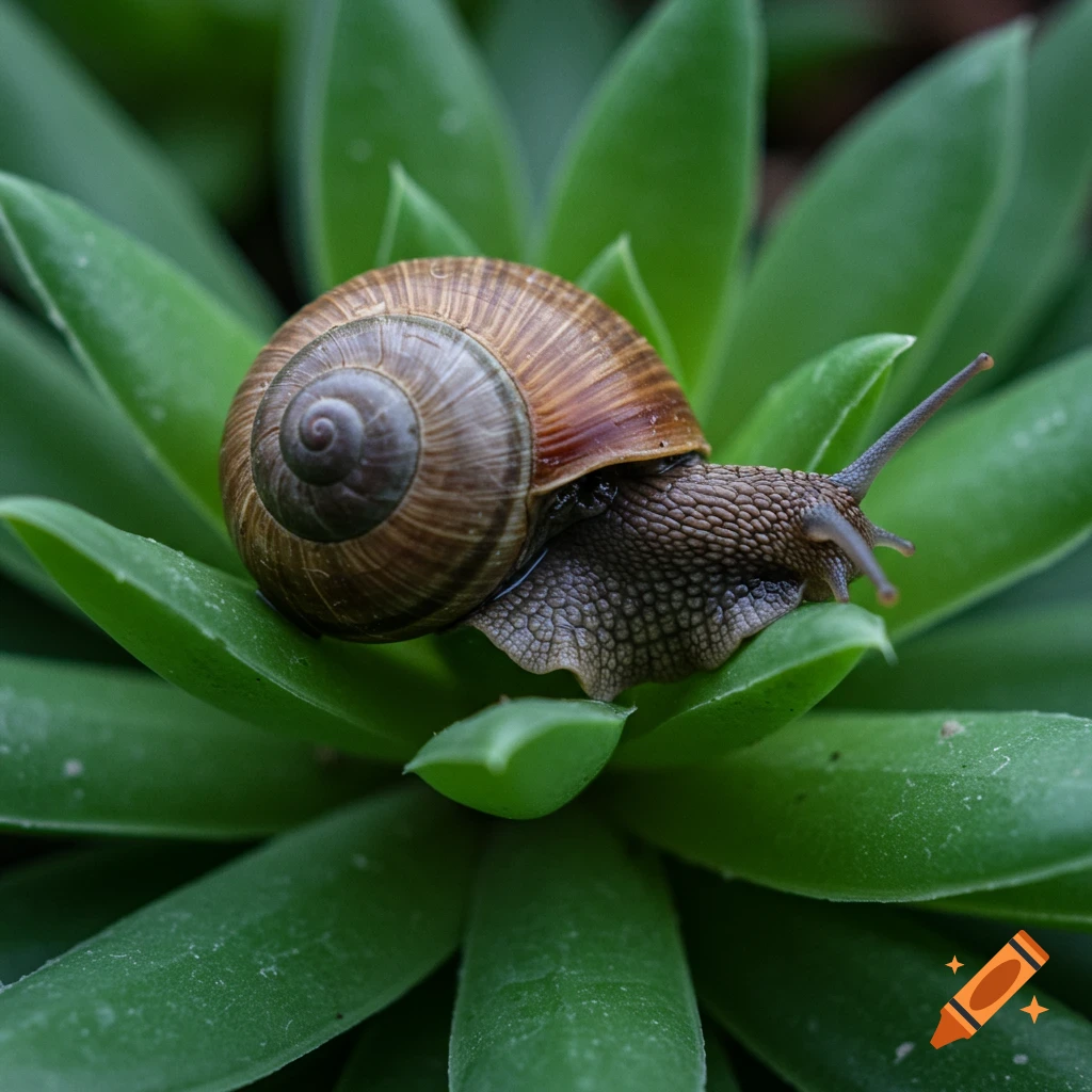 Close-up of a snail on a green succulent plant.