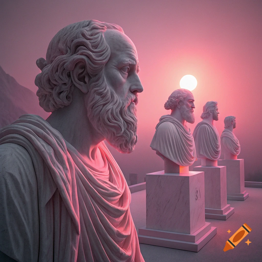 Several white busts of ancient figures in pink light at sunset.