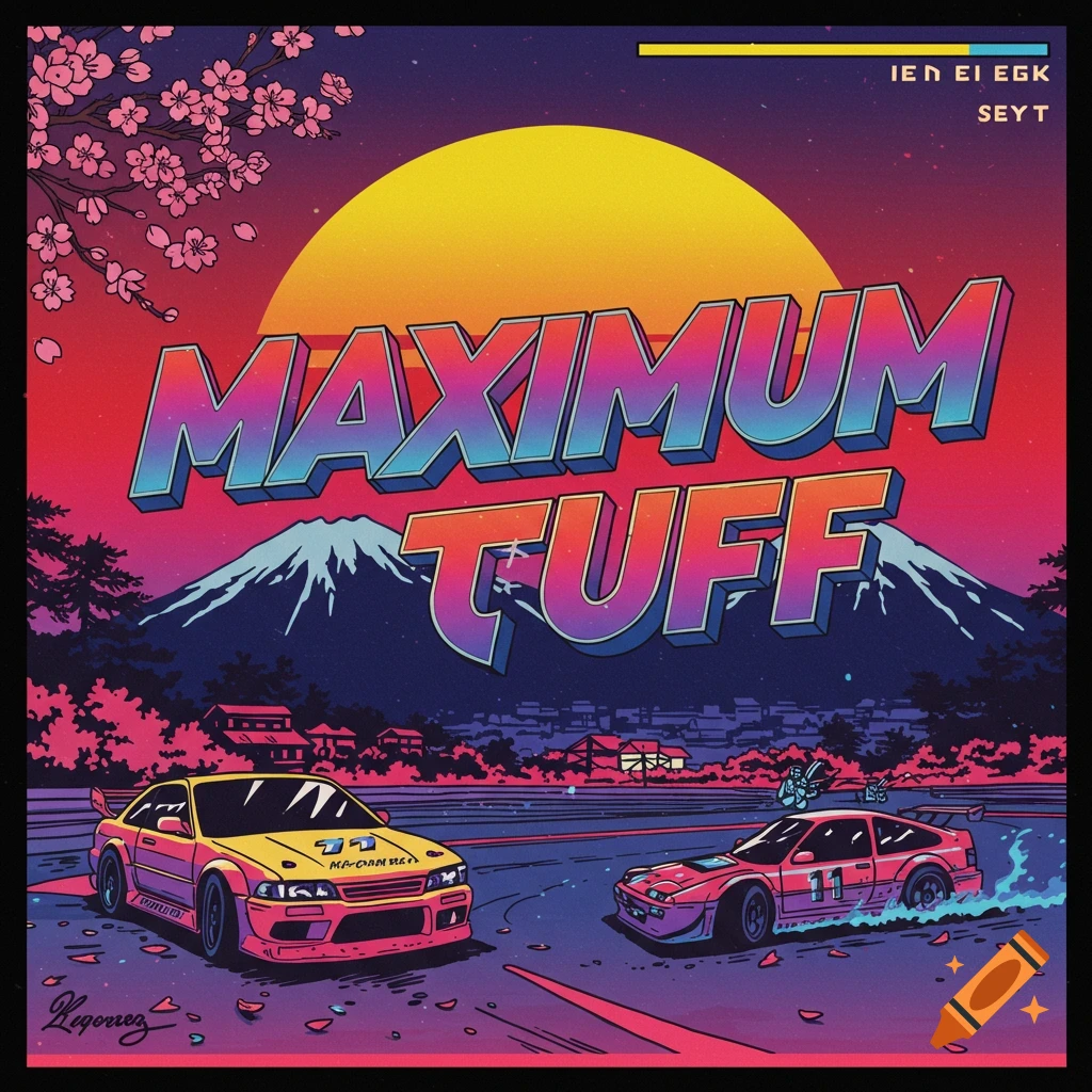 Stylized retro Japanese illustration of two cars drifting in front of mountains, a sunset, and cherry blossoms, with the text "MAXIMUM TUFF".