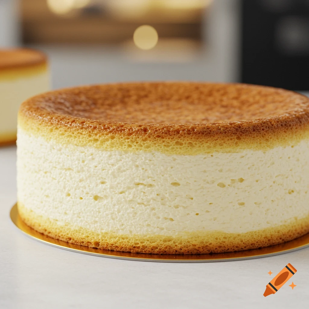 A round cake with a golden crust sits on a gold base.