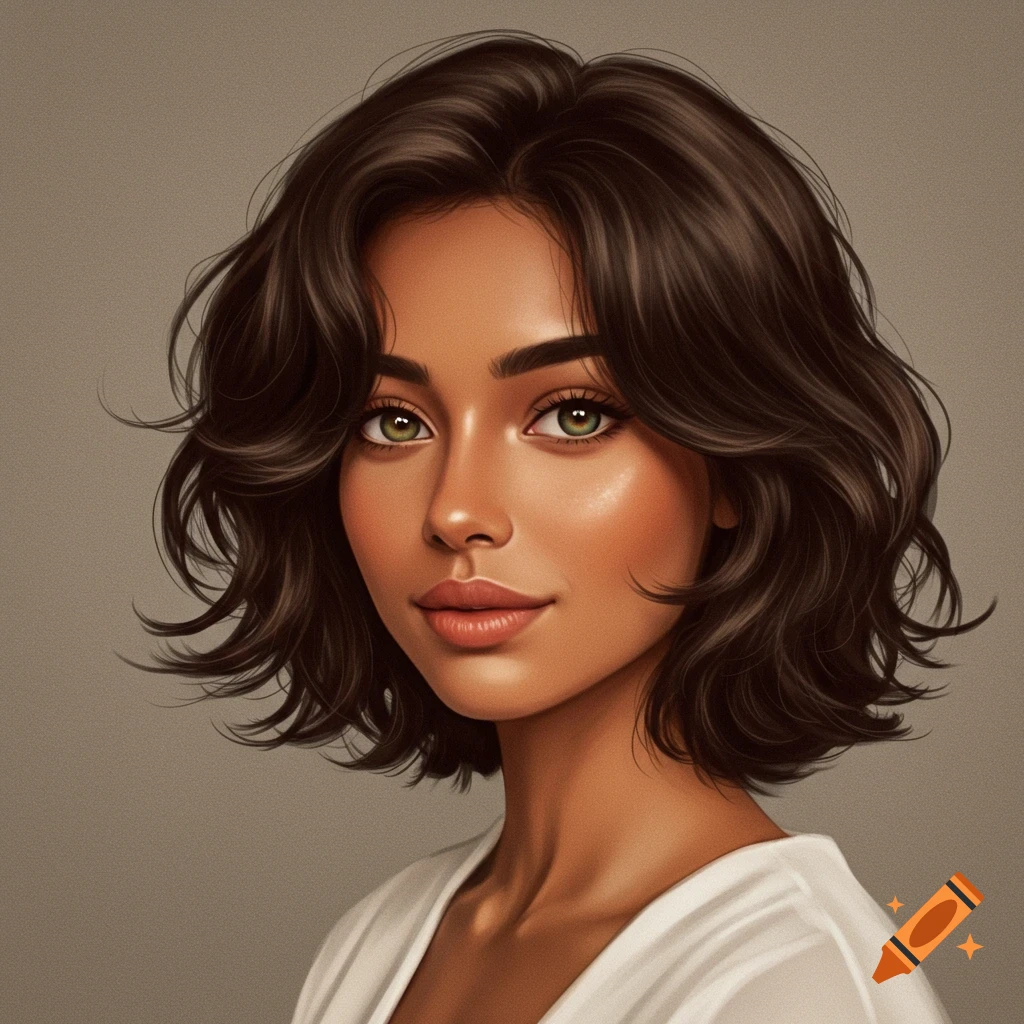 A woman with short wavy brown hair and green eyes.