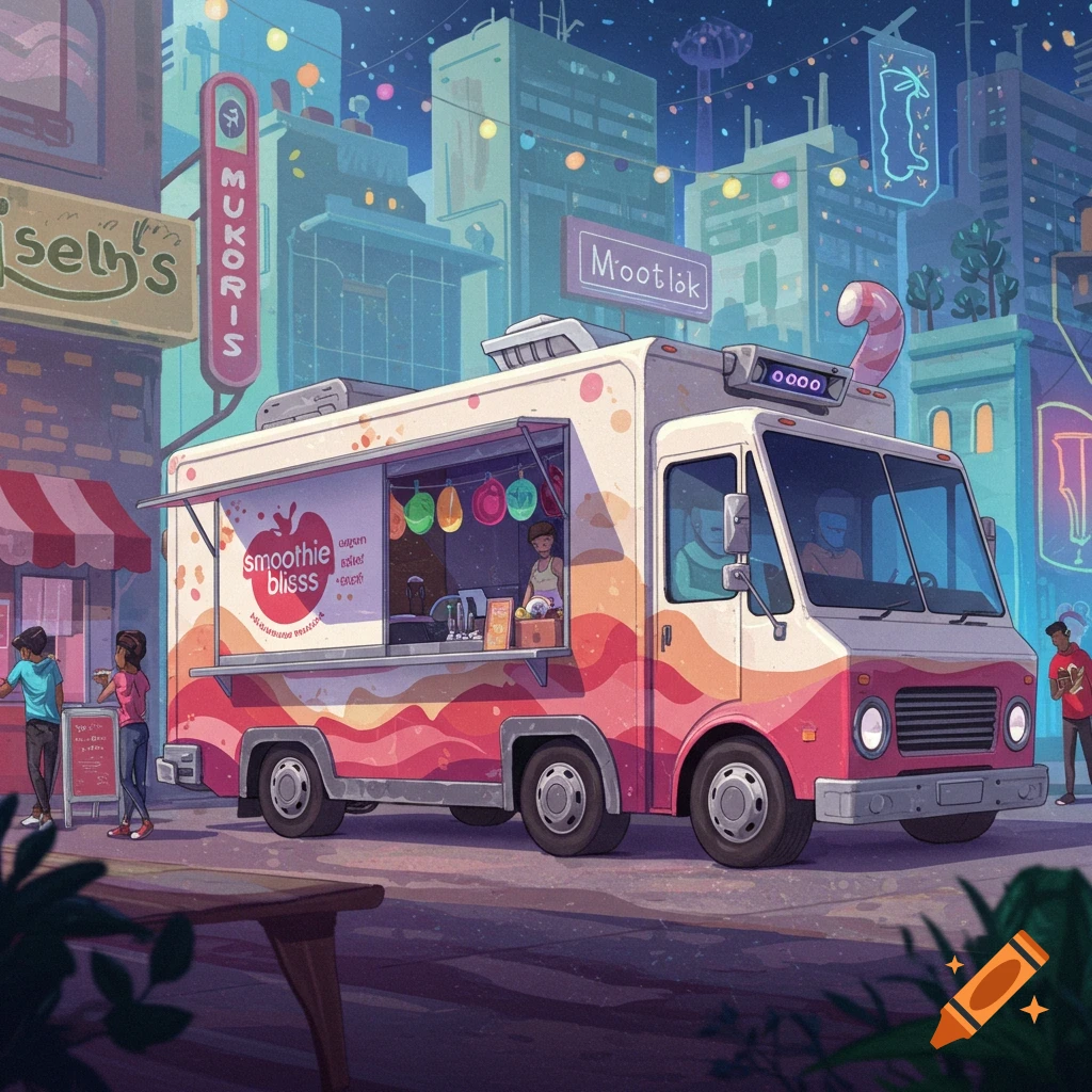 A smoothie food truck is parked on a futuristic city street at night.