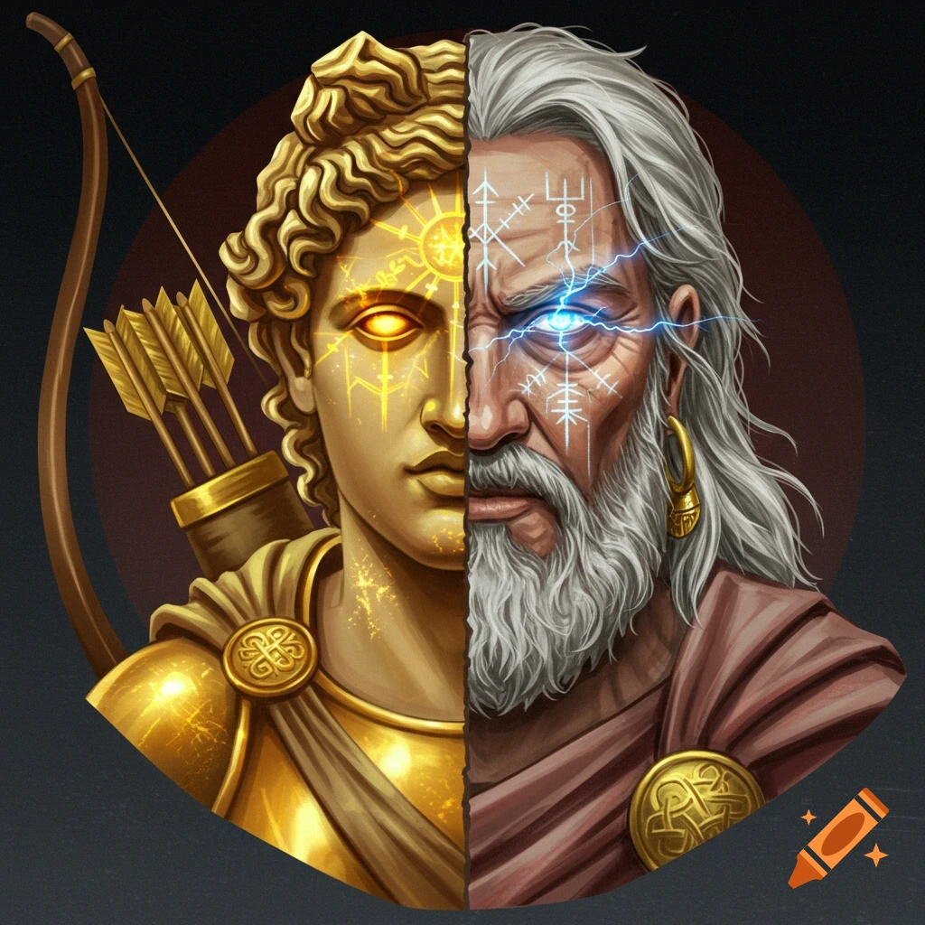 Split image of Apollo and Odin's faces. Apollo's side is golden with a bow, Odin's side is weathered with a lightning eye and beard.