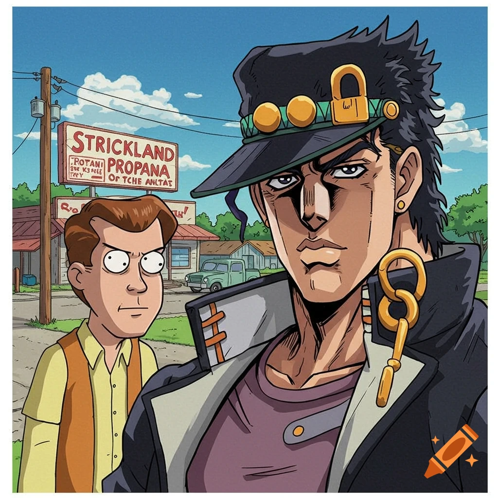 Jotaro Kujo and Hank Hill stand in front of Strickland Propane.