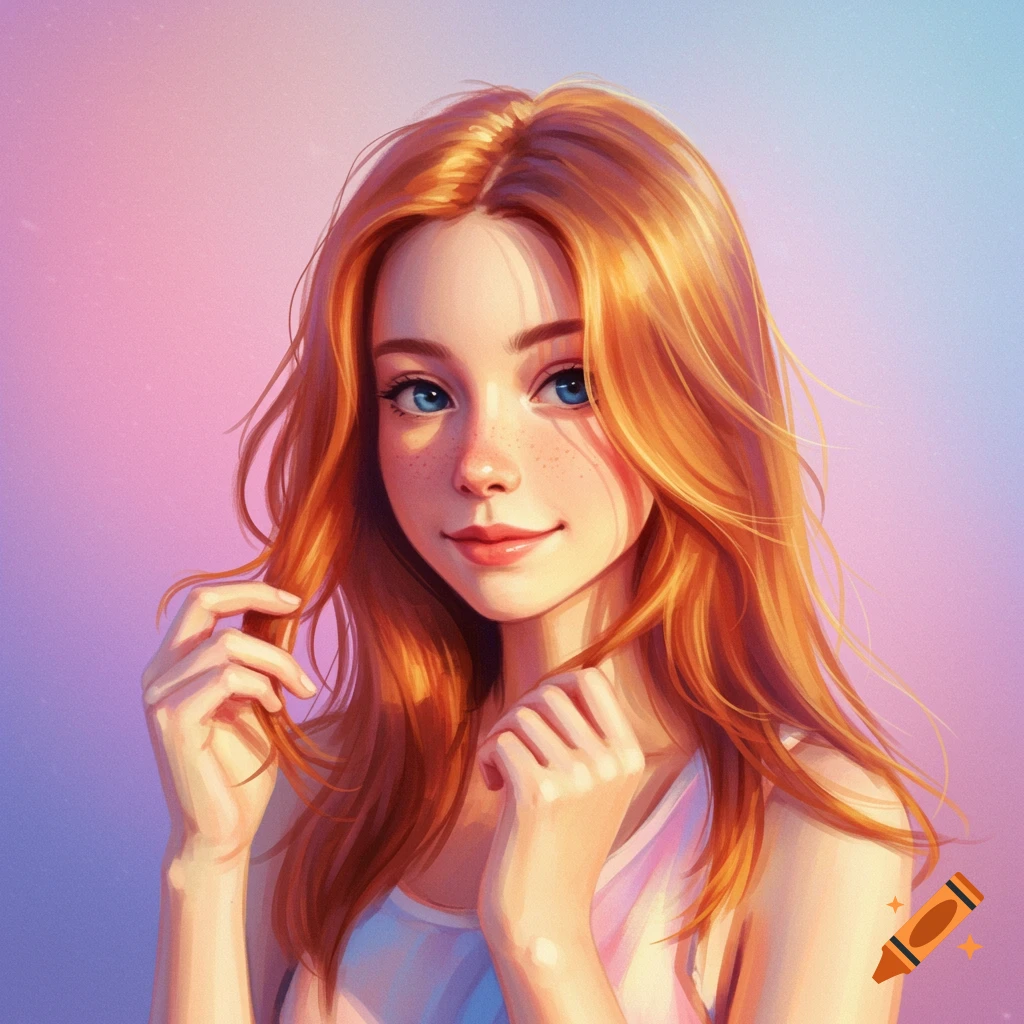 Portrait of a young woman with long red hair, blue eyes, and freckles, in a soft pastel style.