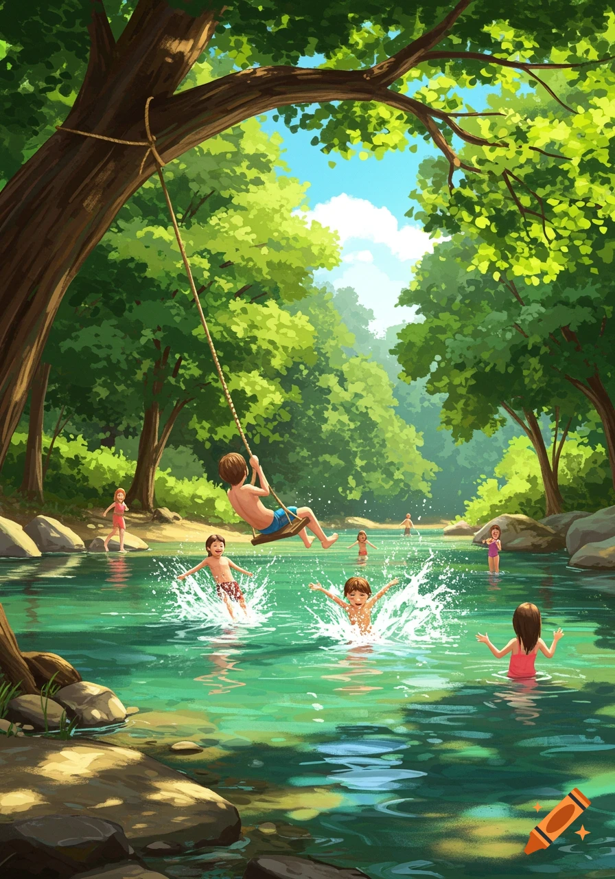 Children playing and splashing in a river with a rope swing.