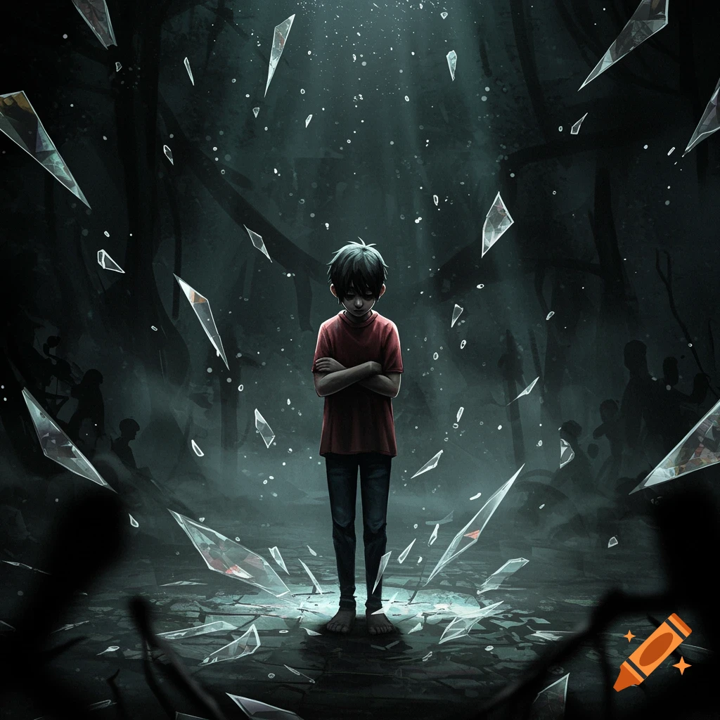 A sad child stands alone in a dark forest with floating shards of glass.