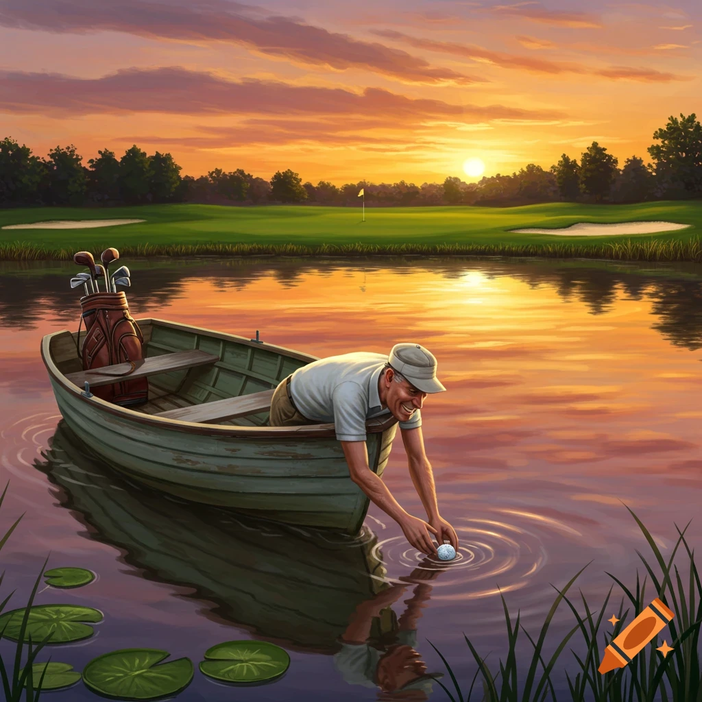 A golfer in a boat reaching for a golf ball in a lake at sunset with a golf course in the background.