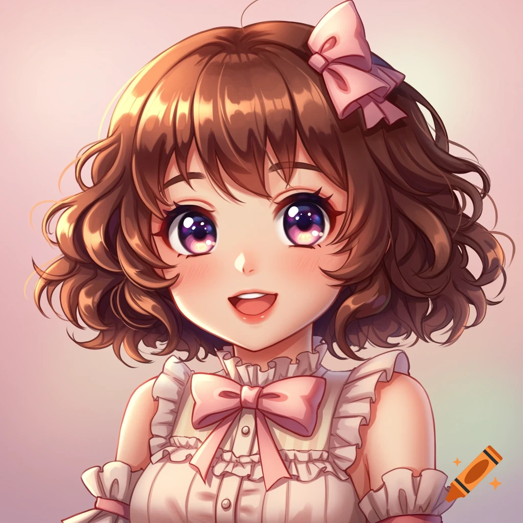 Close-up anime portrait of a cute girl with short curly brown hair and pink bow, smiling in a frilly pink dress.