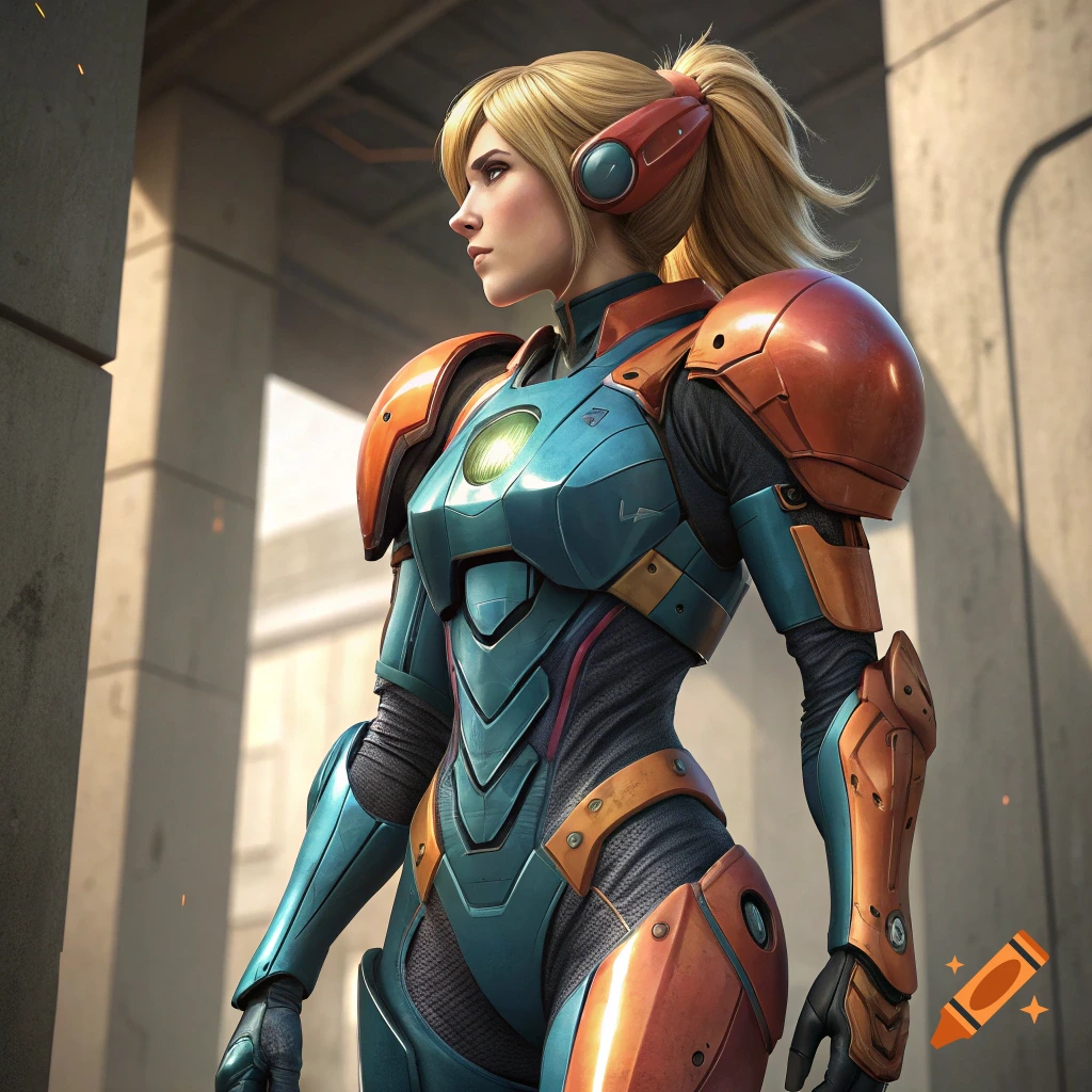 A character in a futuristic blue and orange power suit stands in a sci-fi setting.