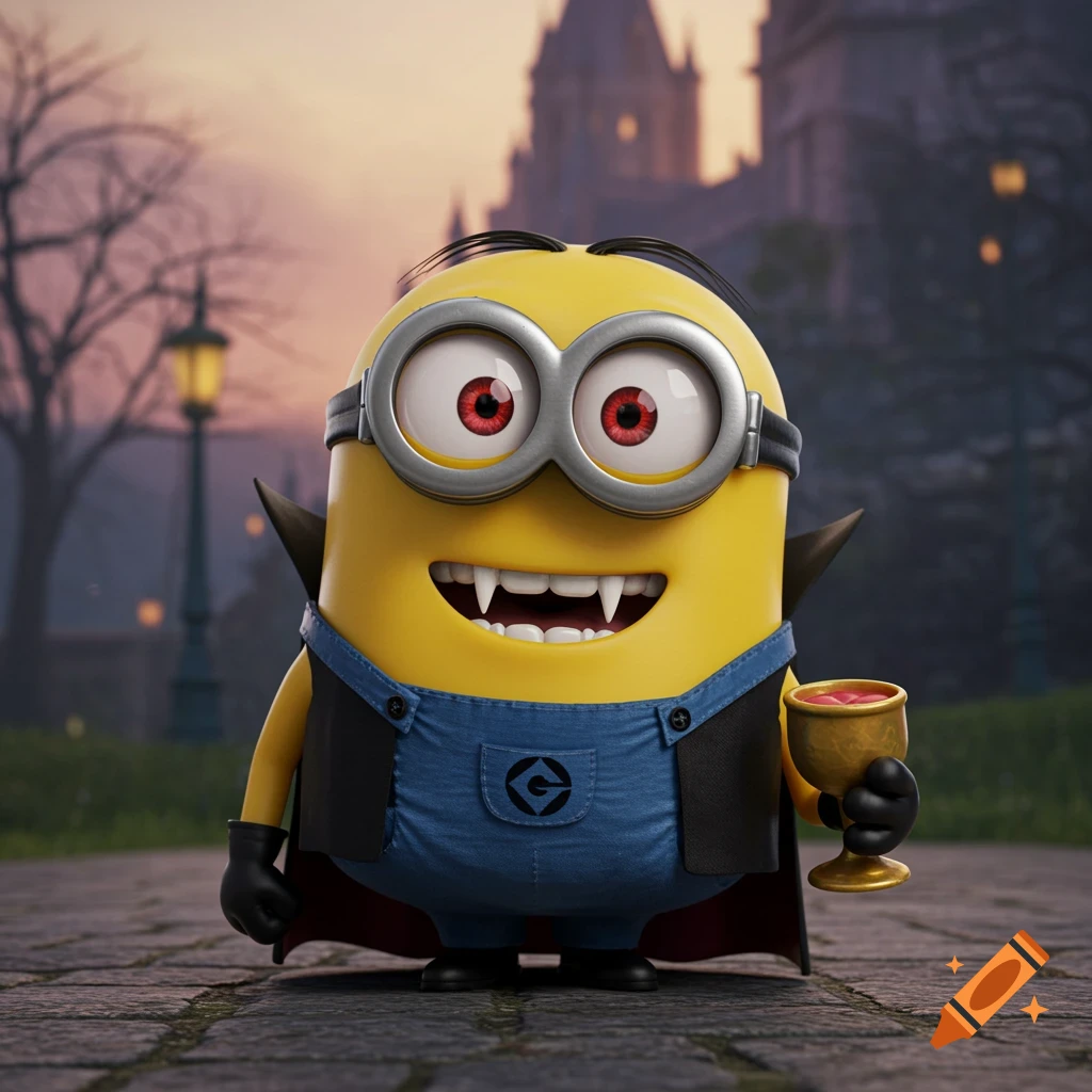 A Minion dressed as a vampire, with fangs and red eyes, holding a goblet in a castle courtyard.
