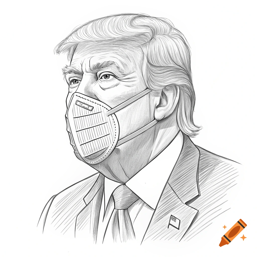 Pencil sketch of a man resembling Donald Trump wearing a face mask and suit.