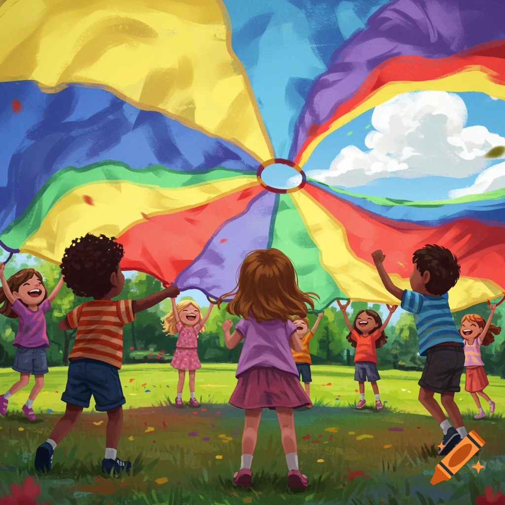 Children play with a colorful parachute in a park.