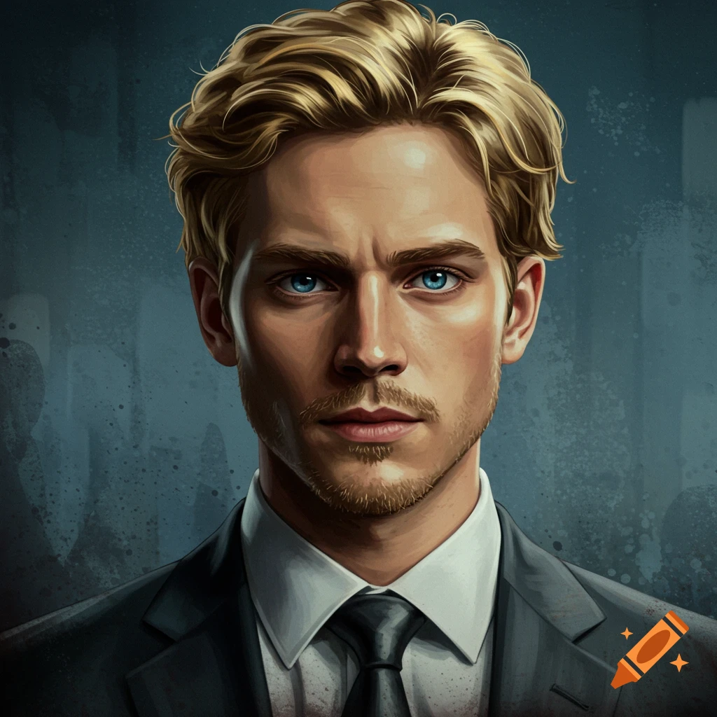 A portrait of a man with blonde hair, blue eyes, and a suit.