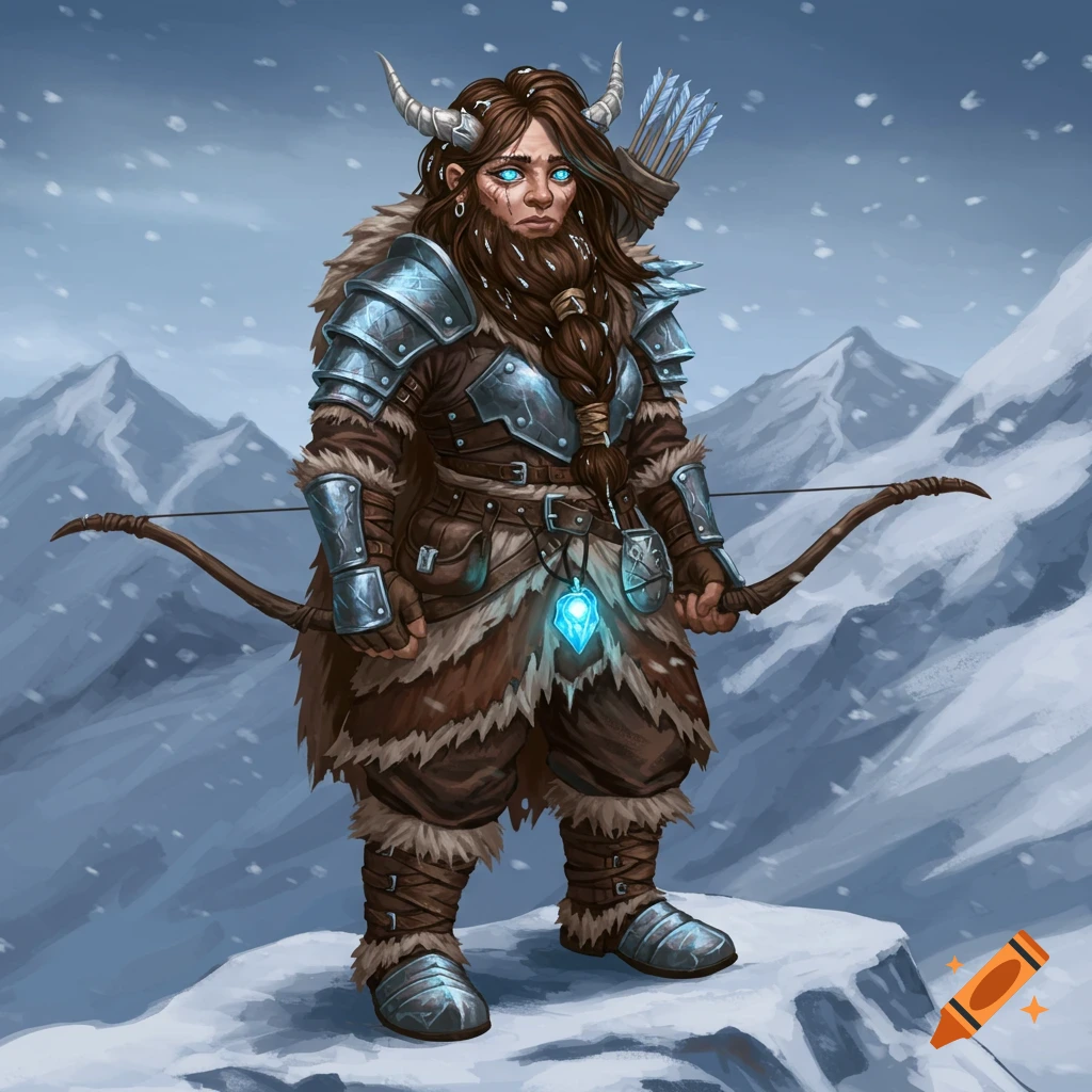A female dwarf archer in fur and armor stands on a snowy mountain.