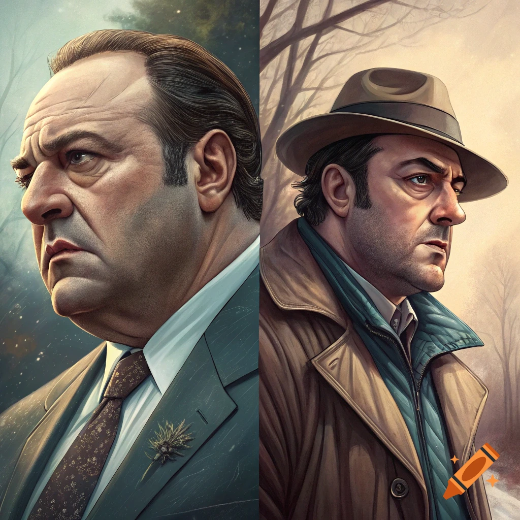 Two stylized portraits of men resembling Tony Soprano in a digital art style.