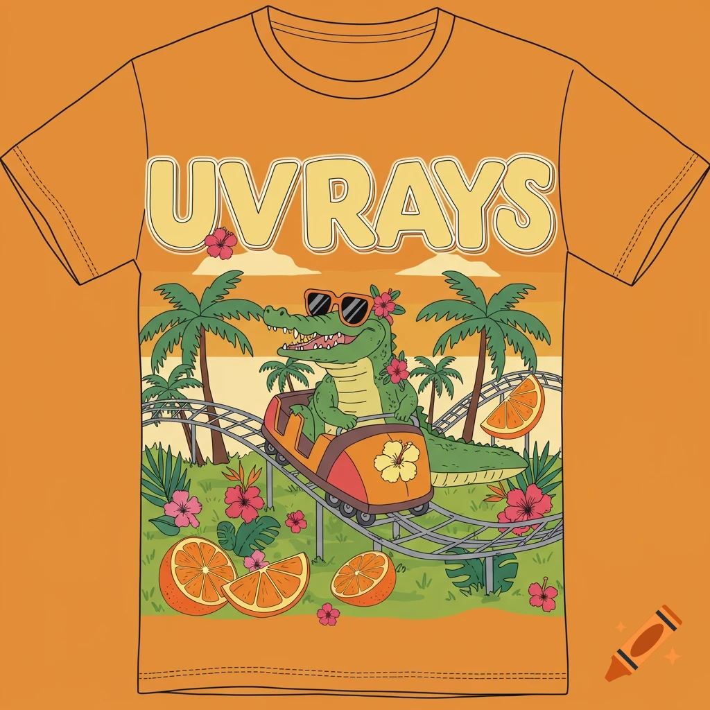 Illustration on an orange t-shirt shows a cartoon alligator on a rollercoaster in a tropical setting with text "UVRAYS".