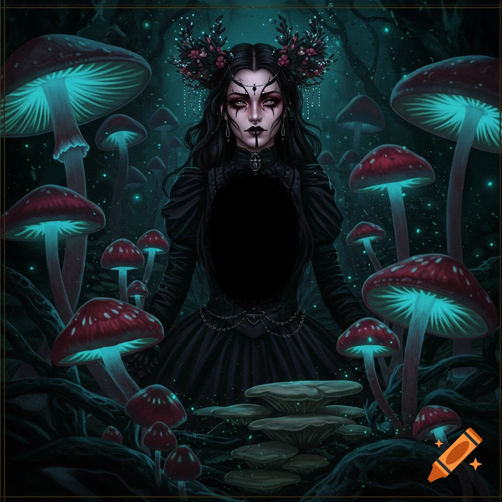 A gothic woman is surrounded by glowing mushrooms in a dark forest.