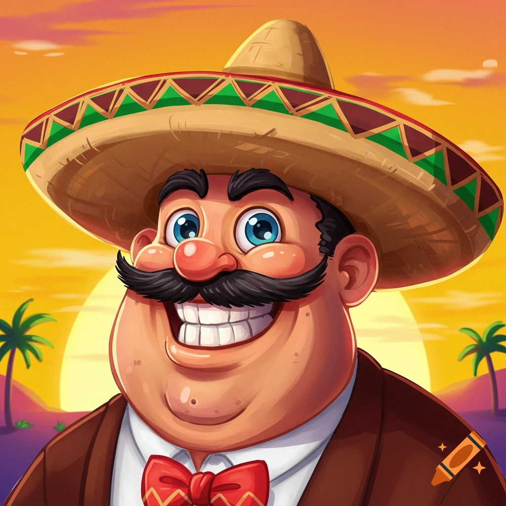 A cartoon man in a sombrero is smiling at sunset with palm trees.