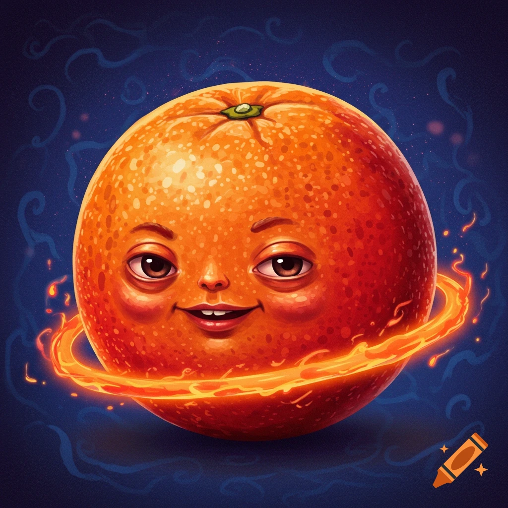 Cartoon orange character with a fiery ring around it