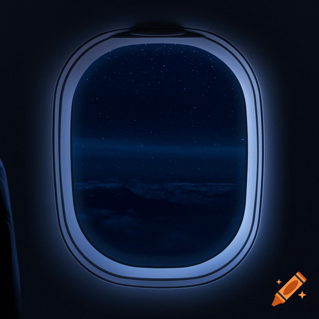 View from an airplane window at night looking out at stars in a dark blue sky above clouds.