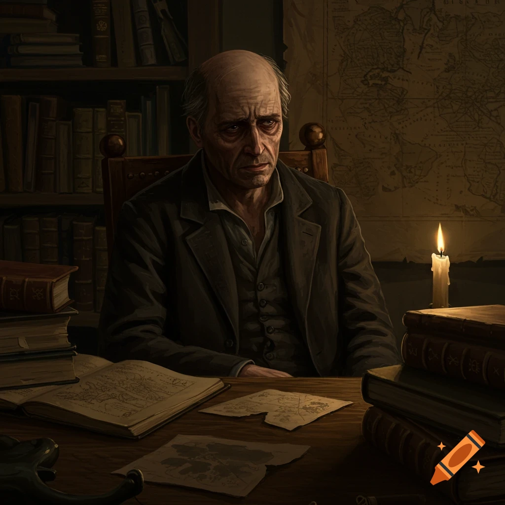 A worried historian sits at a desk filled with books and maps in a dimly lit room.