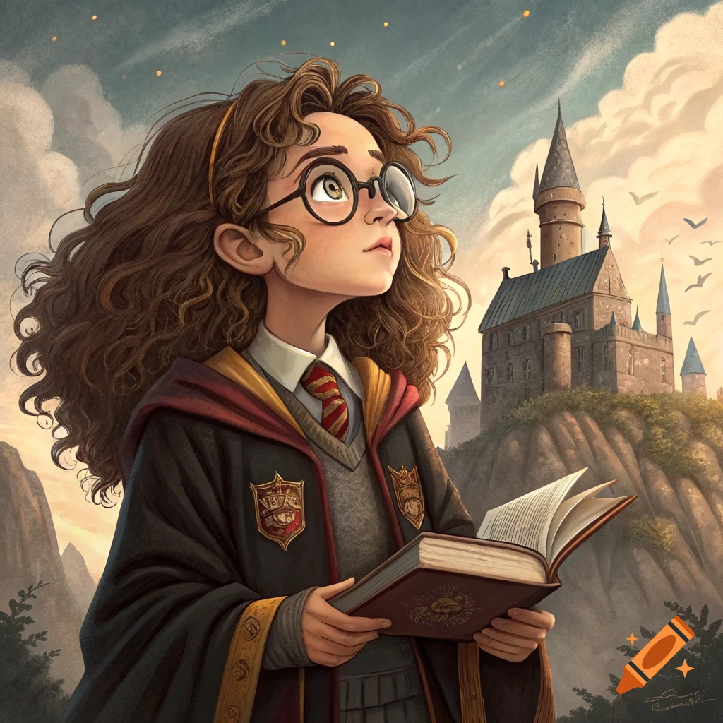 Illustration of a girl resembling Hermione Granger in a uniform holding a book, looking at the sky with a castle in the background.