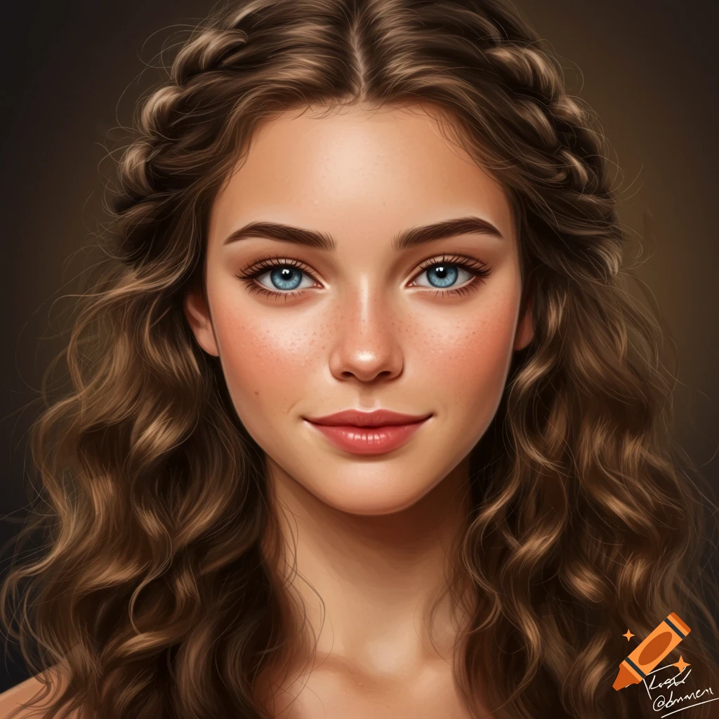 A close up of a young woman's face with brown hair and blue eyes.