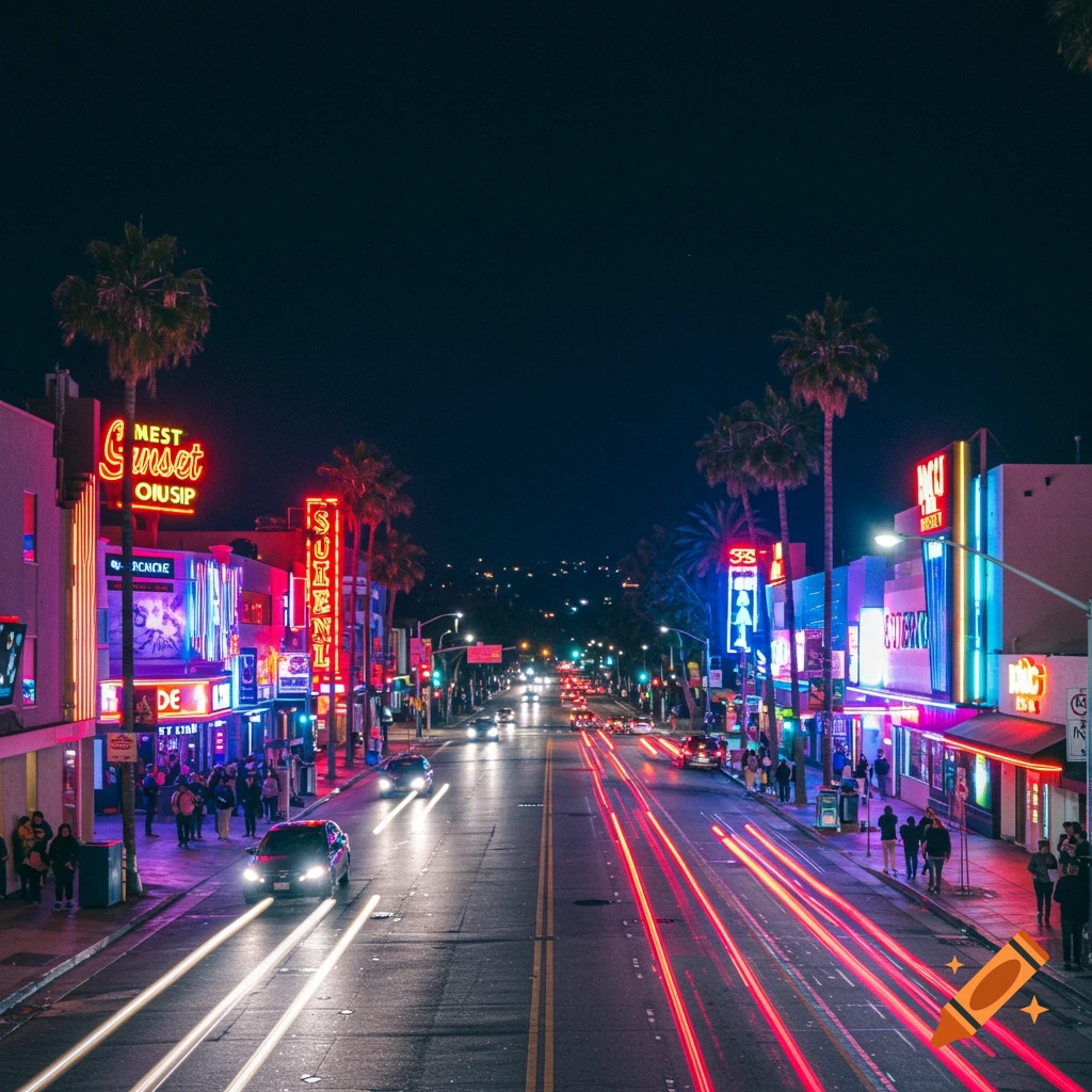 Night view of a street lined with neon signs and palm trees, with car light trails.