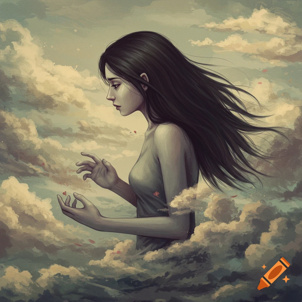 A woman reaching out among clouds.