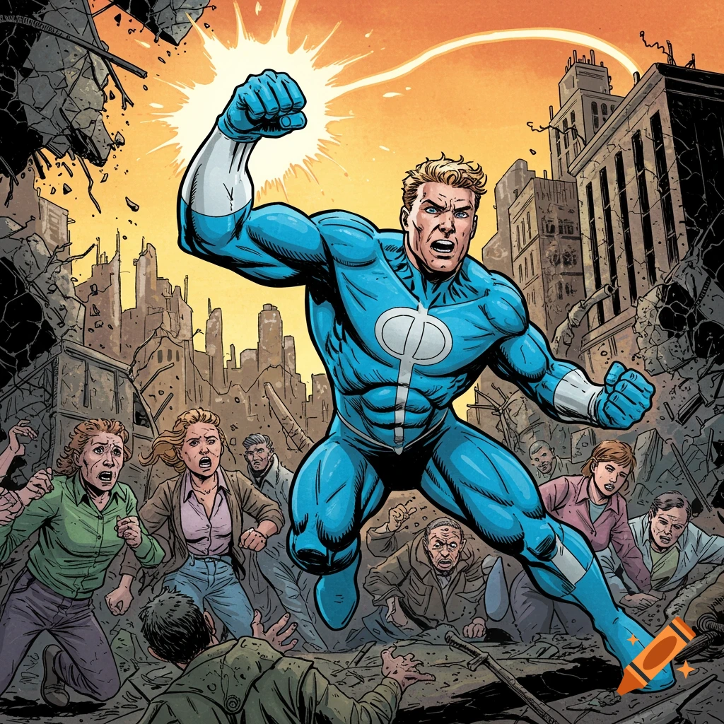Comic book illustration of a superhero in a blue suit punching, surrounded by terrified civilians in a destroyed city.