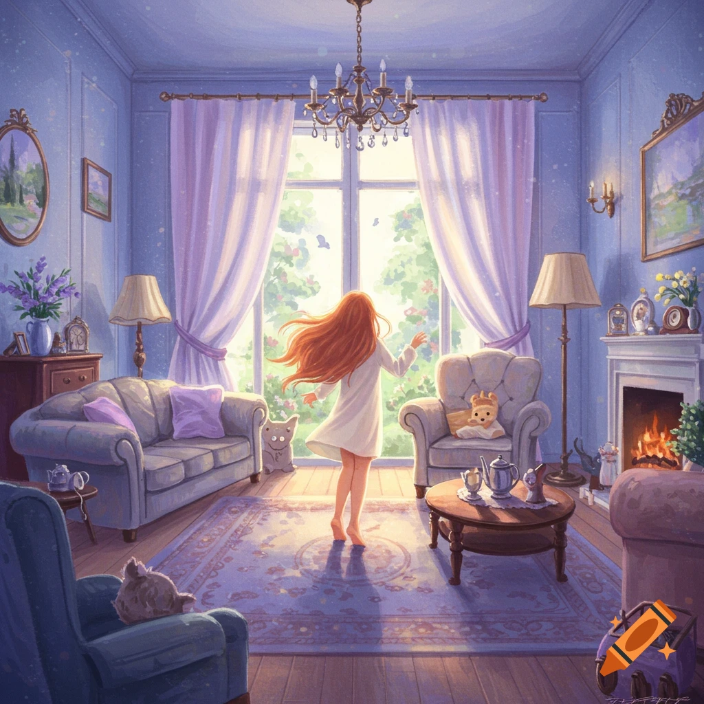 A girl in a dress looking out a large window in a sunlit room.