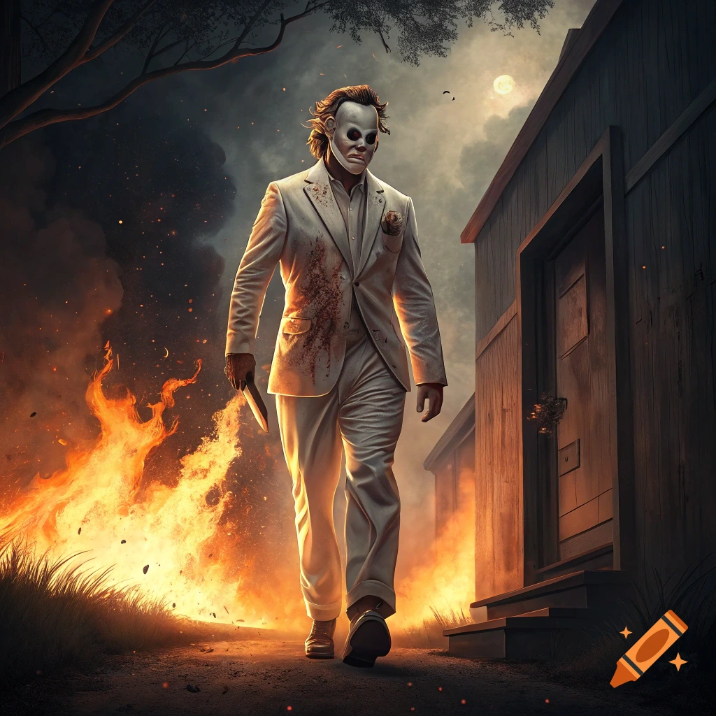 Masked figure in blood-stained white suit walks from massive fire at night, holding knife. Cinematic style.