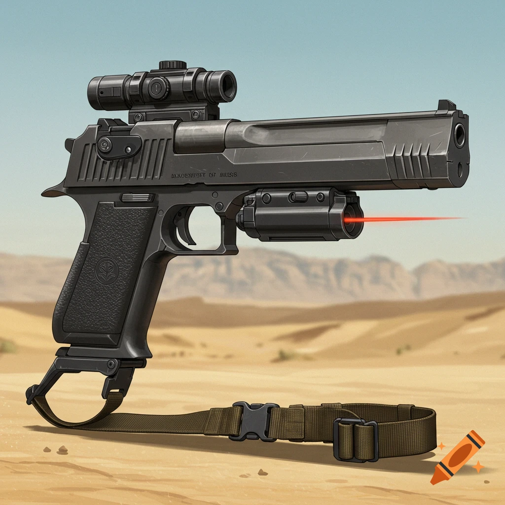 A Desert Eagle handgun with a scope, laser sight, and strap in a desert.